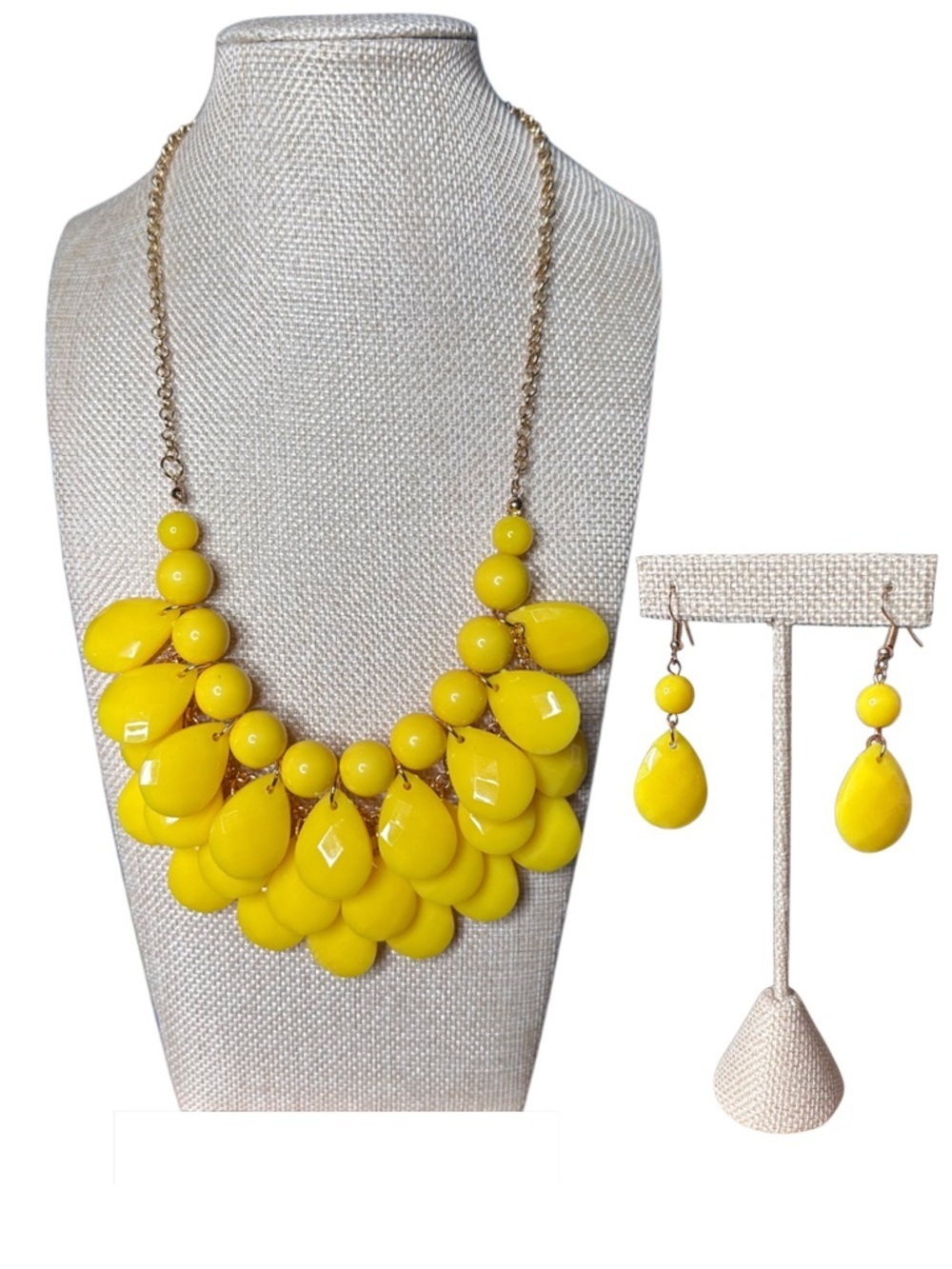 Bold Yellow Acrylic Teardrop Statement Necklace and Earrings- Women Jewelry